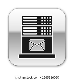 Black Mail server icon isolated on white background. Silver square button. Vector Illustration