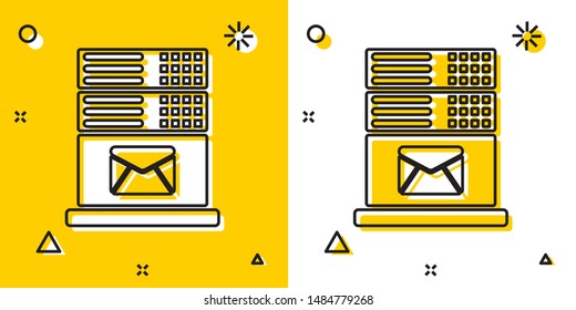 Black Mail server icon isolated on yellow and white background. Random dynamic shapes. Vector Illustration