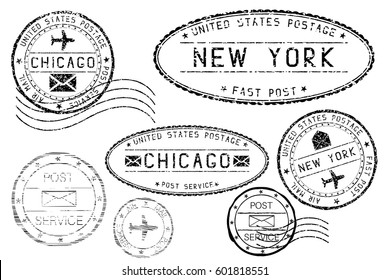 Black mail stamps of New York and Chicago. Partially faded. Vector illustration