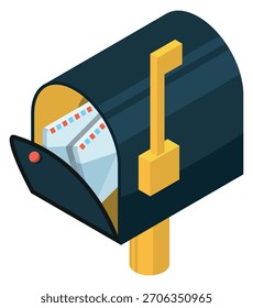A black mailbox with a yellow post