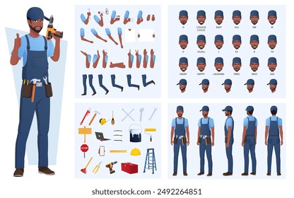 Black Maintenance Engineer Character Creation and Animation Pack, African-American Handyman Wearing Blue Overalls, Mouth Animation and Lip Sync, Front, Side, and Back view with Tools and Equipment's 