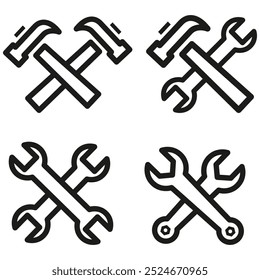 Black maintenance line icon with crossed tools, simple outline for app logo elements, isolated on white background