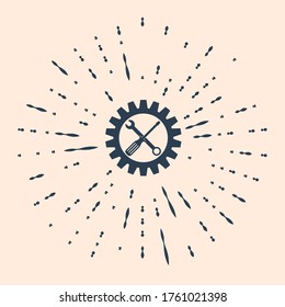 Símbolo de mantenimiento negro - destornillador, spanner y icono de rueda cognoscitiva aislado en fondo beige. Símbolo de herramienta de servicio. Icono de configuración. Resumen de puntos aleatorios de círculo. Ilustración vectorial