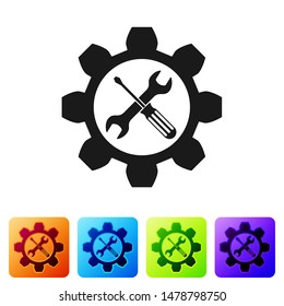Black Maintenance symbol - wrench and screwdriver in gear icon isolated on white background. Service tool symbol. Set icon in color square buttons. Vector Illustration