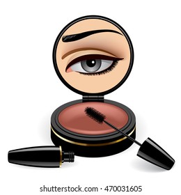 Contenedor de maquillaje negro con espejo con reflejo de ojo hembra en él y rímel. Ilustración del vector