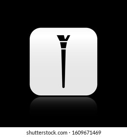 Black Makeup brush icon isolated on black background. Silver square button. Vector Illustration