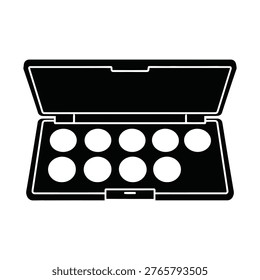 A black makeup palette with several circular pans and an open lid.