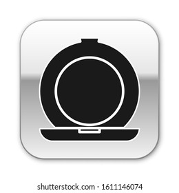 Black Makeup powder with mirror icon isolated on white background. Silver square button. Vector Illustration