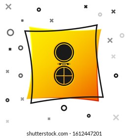 Black Makeup powder with mirror icon isolated on white background. Yellow square button. Vector Illustration