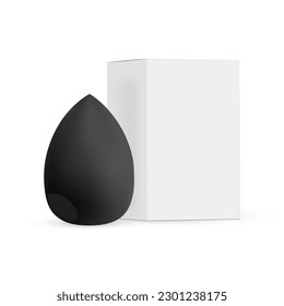 Black Makeup Sponge With Paper Packaging Box, Isolated on White Background. Vector Illustration