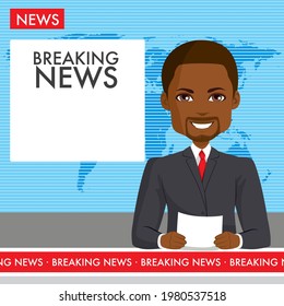 Black male anchor reporting breaking news live on television channel