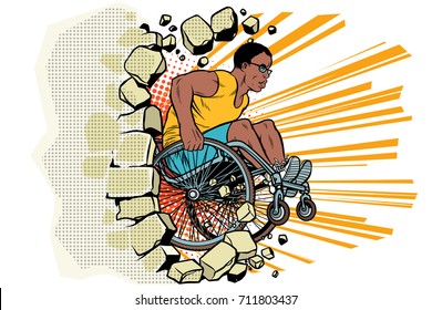 Black male athlete in a wheelchair punches the wall. African American person in sports. Barrier-free environment for disabled. pop art retro vector illustration