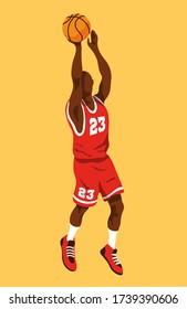 Black Male Basketball Player Jumping To Shoot The Ball, Wearing A Red Jersey With The Number 23. Isolated On Color Background Editable Vector Illustration.