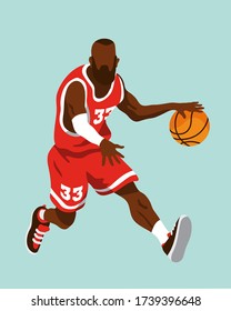 Jugador de baloncesto masculino negro corriendo mientras rebota la pelota en una posición dinámica. Con un jersey rojo con detalles blancos y número 33. Ilustración vectorial editable aislada en fondo de color