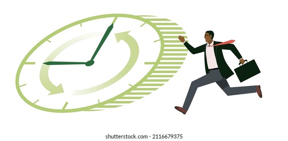 A black male businessman running in a hurry. Office worker avatar clock background, infographics, white background