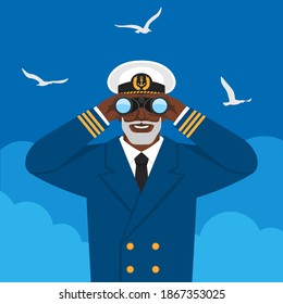 Black male captain looking through binoculars against cloudy sky and seagulls