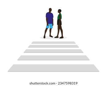 Black male character and black female character in summer clothes standing in front of a pedestrian crossing on a white background