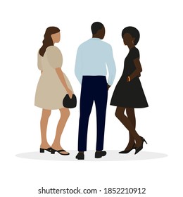 Black male character, black female character and white female character in smart clothes talking on a white background