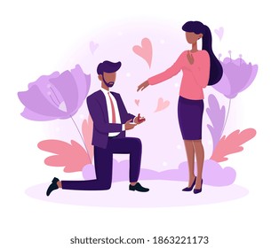 Black male character is proposing. Man asking women to marry standing on knee. Concept of love relationship marriage and family. Flat cartoon vector illustration