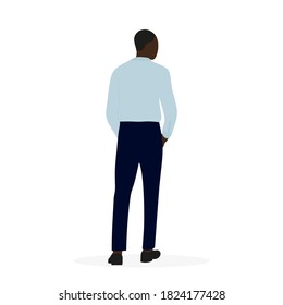 Black male character in shirt and trousers stands with his back on white background