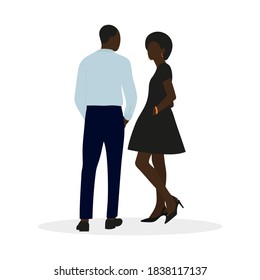 Black male character in shirt and trousers and black female character in smart dress talking on white background