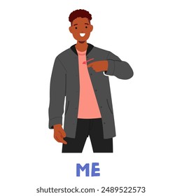 Black Male Character Smiling While Using Sign Language To Say A Word Me. Image Depicts The Concept Of Communication And Inclusivity In A Simple And Clear Manner. Cartoon Vector Illustration