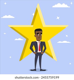 Black male character star employee award, success or leadership concept, Employee of the month, rated employee