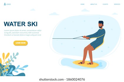 Black male character water skiing. Concept of extreme sports experience, active lifestyle and summer ocean activities. Sportsman balancing on board with rope. Website, web page, landing page template