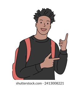 Black male college student with backpack make pointing gesture. Study, education and academic concept. Hand drawn vector illustration