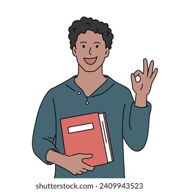 Black male college student holding book and showing ok sign. Study, education and academic concept. Hand drawn vector illustration