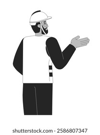 Black male construction worker giving directions black and white 2D line character. Industrial supervisor in safety vest and hardhat isolated vector outline person. Monochromatic spot illustration