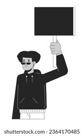Black male demonstrator with banner flat line black white vector character. Peaceful protest. Editable outline half body person. Simple cartoon isolated spot illustration for web graphic design