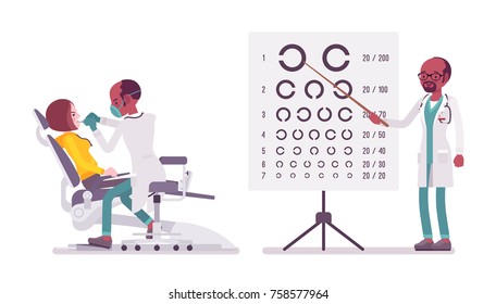 Black male dentist and ophthalmologist. Man in hospital uniform at eye testing chart, treating teeth. Medicine, healthcare concept. Vector flat style cartoon illustration isolated on white background