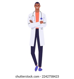 Black male doctor with crossed arms. Smiling man in white coat and stethoscope. Confident medical worker isolated on white background. Flat style. Vector illustration.