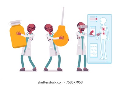 Black male doctor. Man in hospital uniform holding giant syringe, pills, doing vr diagnostics. Medicine and healthcare concept. Vector flat style cartoon illustration isolated on white background