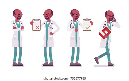 Black Male Doctor. Man In Hospital Uniform With Patient Card, Busy Talking On Phone, Standing Akimbo At Service. Vector Flat Style Cartoon Illustration Isolated On White Background