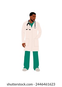 Black male doctor standing in hospital uniform.