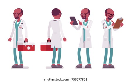 Black Male Doctor In Standing Pose. Man In Hospital Uniform With Red Box, Files. Medicine And Healthcare Concept. Vector Flat Style Cartoon Illustration Isolated On White Background, Front, Rear View