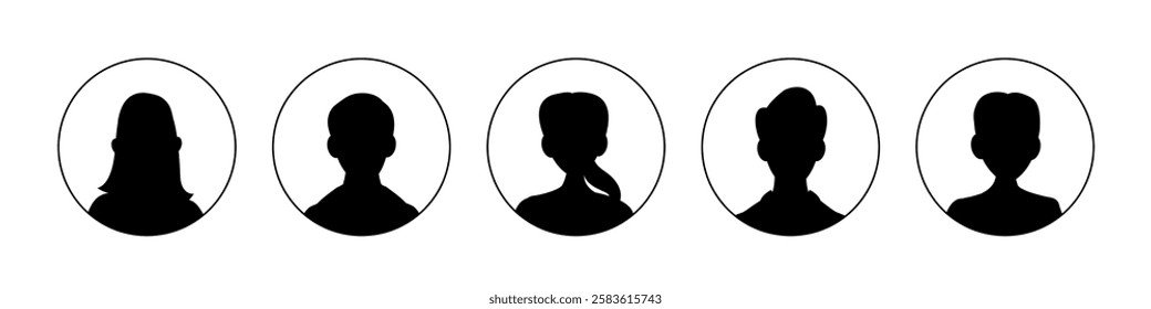 Black male and female avatars isolated on transparent background. Silhouettes of anonymous people for social media profiles, icons or templates. Vector illustrations set.