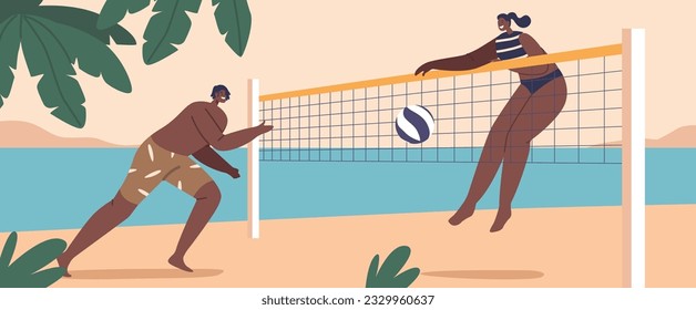 Black Male and Female Characters Engage In Beach Volleyball, Skillfully Spiking And Setting The Ball Over A Net