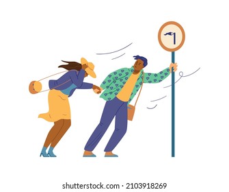 Black Male And Female Person Hold Hands And Support Each Other In Severe Storm Weather. Windy Day Flat Illustration. Strong Wind Road Sign, Vector Illustration.