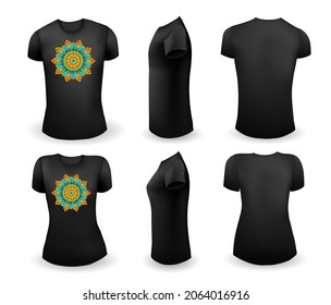 Black male and female t shirt realistic template with mandala. Front, side and back view. Vector