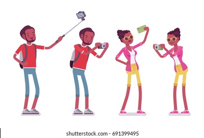 Black male and female tourist photographing. Taking pictures and selfie, photography hobbyist. Travel and tourism concept. Vector flat style cartoon illustration, isolated, white background