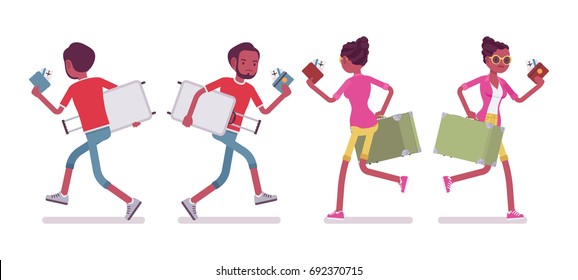 Black male and female tourist running. Fear of missing the flight, air passenger in a hurry. Travel and tourism concept. Vector flat style cartoon illustration, isolated, white background