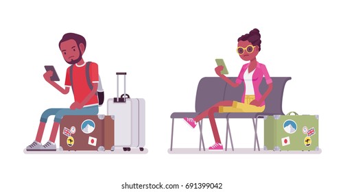 Black male and female tourist sitting. Unhappy with service travel agency and destination management company, poor planning. Vector flat style cartoon illustration, isolated, white background