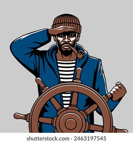 Black male fisherman looks into distance standing at helm of boat. Vector illustration