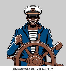 Black male a fisherman with smoking pipe stands at the helm of a ship. Vector illustration