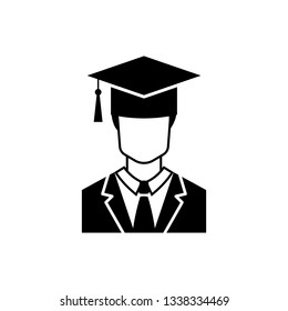 Black Male graduate student profile with gown and graduation cap icon isolated on white background. Vector Illustration