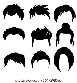Black male hairstyle icon set with various modern and classic haircuts in silhouette style. Isolated on white background. Perfect for barber logos, grooming apps, avatars, and style design.