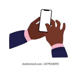 Black male Hands holding mobile phone. Fingers touching, scrolling smartphone screens, using applications. Empty screen, phone mockup. Flat vector illustration isolated on white background.